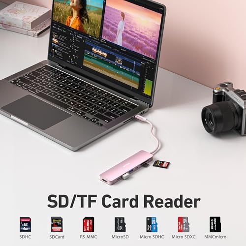 BENFEI 7-in-1 USB C Hub with HDMI(4K@60Hz), 2 USB-A, 1 USB-C Data, 100W Charge, SD/TF Card Reader, Silicone Tangle-Free Cable Compatible with MacBook Pro/Air, iPad Pro, iMac, iPhone 15 Pro/Pro Max - color: Pink