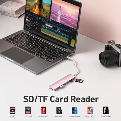 BENFEI 7-in-1 USB C Hub with HDMI(4K@60Hz), 2 USB-A, 1 USB-C Data, 100W Charge, SD/TF Card Reader, Silicone Tangle-Free Cable Compatible with MacBook Pro/Air, iPad Pro, iMac, iPhone 15 Pro/Pro Max - color: Pink