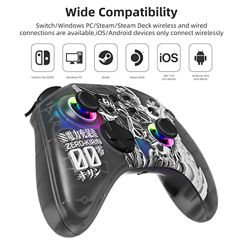 Mytrix Black Wireless Switch Controller for Nintendo Switch/OLED/Lite Steam Deck, Pro Controller with Hall Effect Joystick, Turbo, Motion, Vibration, Headphone Jack and Dynamic Joystick RGB Lighting, Zero-Kirin - color: Black