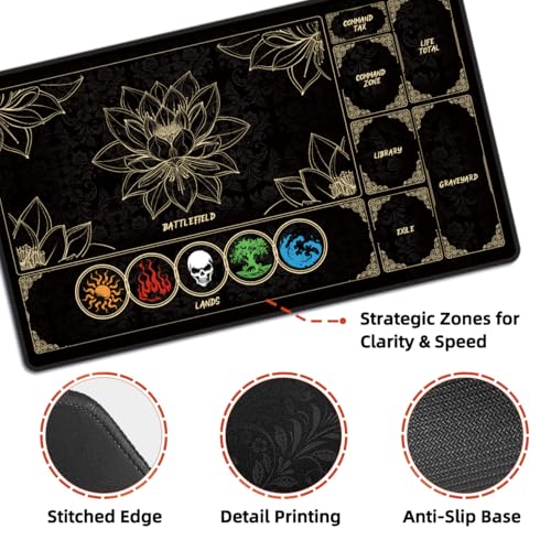 MTG Playmat with Play Zones – Magic Play mat Card Game Mat for Magic The Gathering, Lotus & Basic Lands Design, 24x14 inch, Stitched Edge, Non-Slip Base with Prismatic Playmat Tube-Colorful Lands - color: Zone 2-colorful Lands