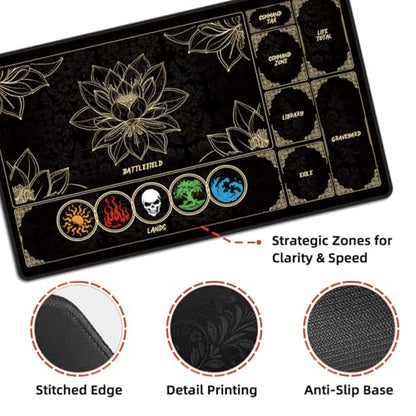 MTG Playmat with Play Zones – Magic Play mat Card Game Mat for Magic The Gathering, Lotus & Basic Lands Design, 24x14 inch, Stitched Edge, Non-Slip Base with Prismatic Playmat Tube-Colorful Lands - color: Zone 2-colorful Lands