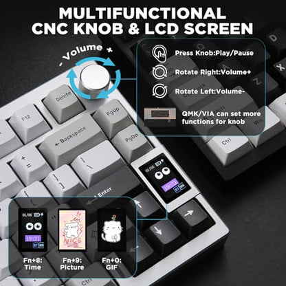 YUNZII AL80 75% Wireless Aluminum Mechanical Keyboard(Silver,Cocoa Cream) | QMK/VIA, Smart LCD Display and Knob, Hot Swap, Gasket Structure, BT/2.4G/USB-C, RGB Keyboard for Gaming/Win/Mac - color: Silver, size: Cocoa Cream V2 Switch