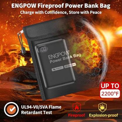 ENGPOW Fireproof Organizer Travel Safe Bag, Portable Electronic Carry Case | Heat Insulated＆Explosion-Proof, Home Travel Storage for Power Bank,Phone,Cables,USB Drive,Charging Protection,9''x7'',Black - size: 9'' x 7''