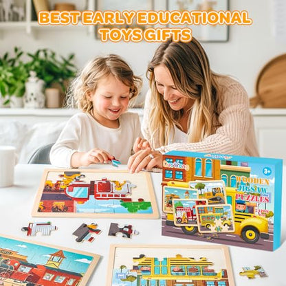 Puzzles for Kids Ages 4-6, 4 Packs 24 Pcs Wooden Jigsaw Puzzles for Toddlers Ages 2-4, Preschool Educational Vehicle Puzzle Toys Gifts for 3 4 5 6 Boys Girls - style: Vehicle
