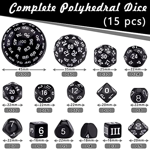 AUSTOR 15 Pieces Complete Polyhedral Dice Set D3-D100 Game Dice Set with a Leather Drawstring Storage Bag for Role Playing Table Games(Black & White) - color: Black & White