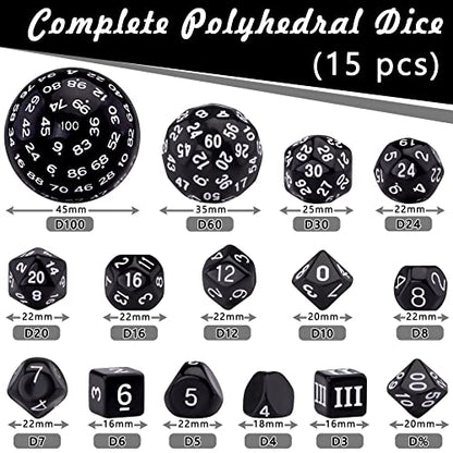 AUSTOR 15 Pieces Complete Polyhedral Dice Set D3-D100 Game Dice Set with a Leather Drawstring Storage Bag for Role Playing Table Games(Black & White) - color: Black & White