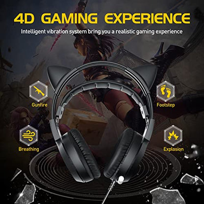 SOMIC G951black Gaming Headset for PC, PS4, Laptop: 7.1 Virtual Surround Sound Detachable Cat Ear Headphones LED, USB, Lightweight Self-Adjusting Over Ear Headphones Black - color: Black