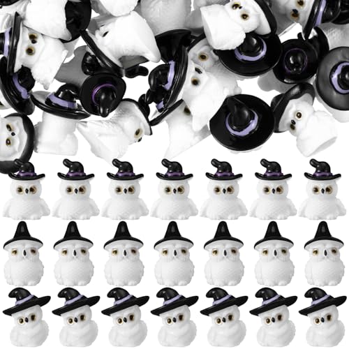 Soulchen 50pcs Halloween Mini Resin Figures Bulk Tiny Resin Owl Figures Little Small Miniatures to Hide White Owl in Witch Hat Craft for Halloween Party Gifts Bag Fillers Decor - style: Owl