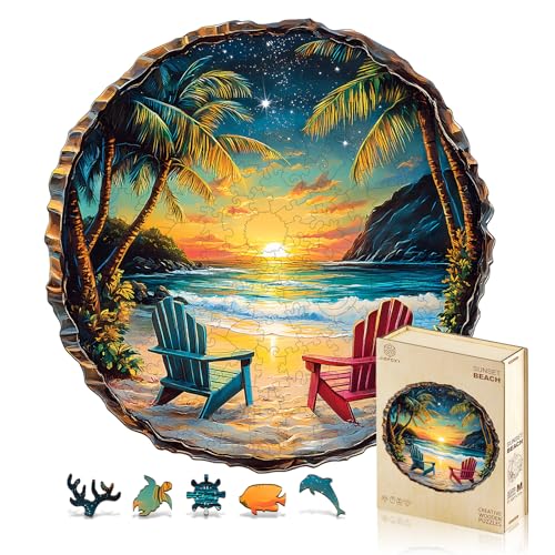 Jigfoxy Wooden Puzzle for Adults, Sunset Beach Wood Puzzles Adult | Unique Animal-Shaped Wooden Jigsaw Puzzle, Christmas Birthday Gifts for Women, Men, Puzzle Lovers (L-13.4*13.3in-295pcs) - color: Sunset Beach, size: Large