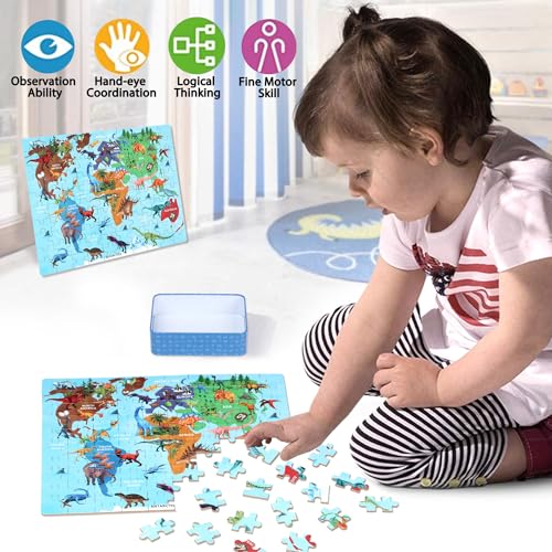 LELEMON Puzzles for Kids Ages 4-6,Dinosaur Map 100 Piece Puzzles for Kids Ages 6-8 in a Metal Box,Educational Jigsaw Puzzles,Childrens 100 Piece Puzzle Games Puzzle Toys for Girls and Boys - color: Dinosaur Map