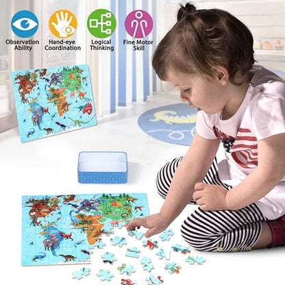LELEMON Puzzles for Kids Ages 4-6,Dinosaur Map 100 Piece Puzzles for Kids Ages 6-8 in a Metal Box,Educational Jigsaw Puzzles,Childrens 100 Piece Puzzle Games Puzzle Toys for Girls and Boys - color: Dinosaur Map
