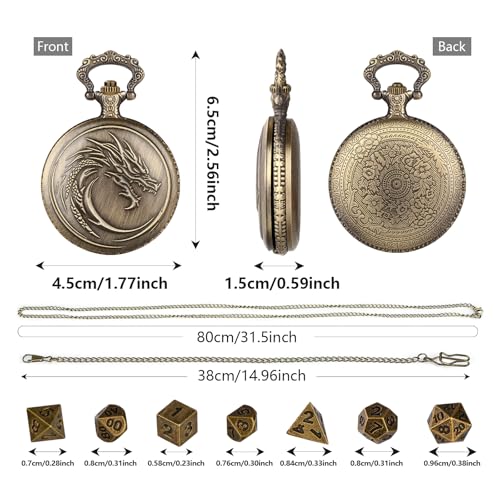 Mini DND Dice Set with Steampunk Dragon Head Totem Pocket Watch Case, Tiny 7PCS Polyhedral Metal D&D Dice, DND Gifts with Gift Box, Role Playing Game Board Game Accessories Dice, Bronze - color: Bronze