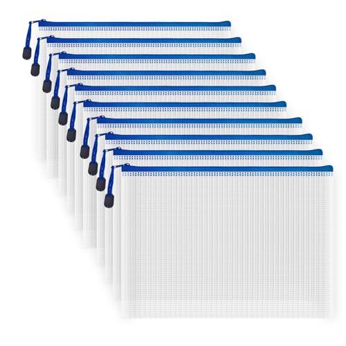 10 Pcs Zipper File Bags, Waterproof Plastic Mesh Pouch for Office School, Board Game Storage Bags (B5 Size 11.4''x8.2'', White and Blue) - color: White and Blue, size: B5 Size 11.4 x 8.2 inch