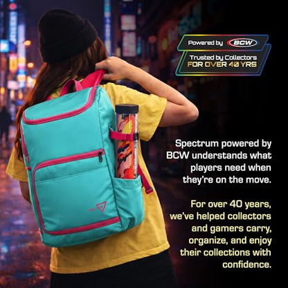 BCW Spectrum TCG Backpack | Holds 7–9 Prism Deck Cases | Configurable Storage for Cards & Gear | Playmat Strap & Side Pocket | Durable & Travel-Friendly Design | Cyber Pink/Teal - color: Cyber Pink/Teal