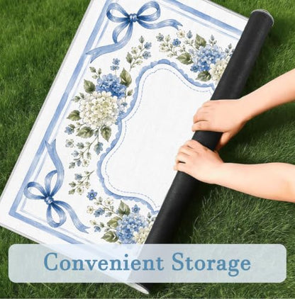 Coquette Blue Bow Hydrangea Mahjong Mat 31.5x31.5 Inch | Grandmillennial Blue and White Hydrangea Non-Slip Noise Reduction Mah Jong Table Mat Cover Gifts for Mahjong Lovers Dominoes - color: Brogan Bougainvillea