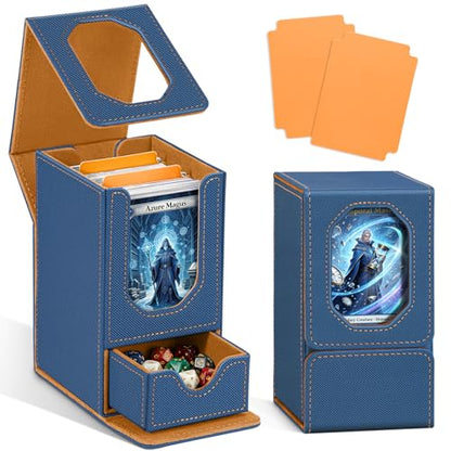 Card Deck Box for MTG Commander, Fits 100+ Double-Sleeved Cards Card Case | with Detachable Dice Tray, 2 Dividers, Removable lid, Trading Card Storage Box, Sturdy and Durable, Fits TCG/PTCG/Sports Card - color: Gray Blue and Brown