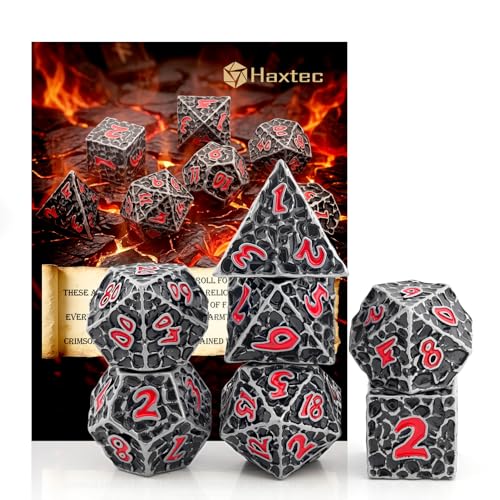 Haxtec Metal DND Dice Set, 7 Pcs Meteorite Texture Polyhedral Dice for RPG | Red Numbers D&D with Leather Bag, Compatible with Dungeons and Dragons, Antique Iron Heavy Metallic, Gifts for Table Games - color: Antique Iron Red