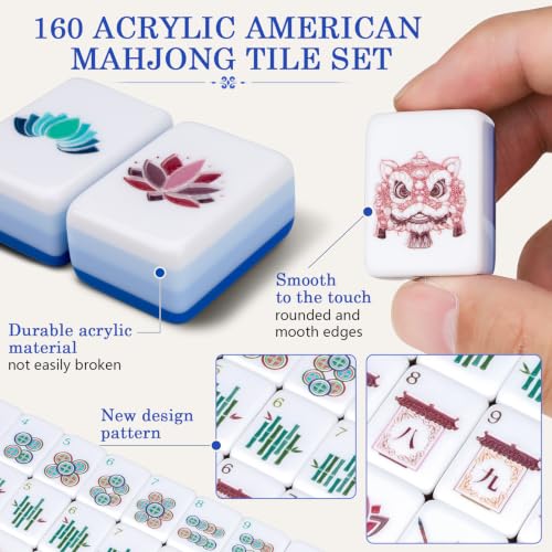 160 Acrylic American Mahjong Tile Set for Beginners, Mah Jong Lovers | 1.2” Mahjong Set with Carrying Bag and Accessories, 2026 New Deep Blue Tiles, 3D Engraved 4 Layer Mahjong Tiles - color: Dark Blue
