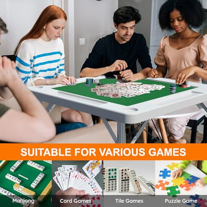 Mahjong Table, 35.4" Square Folding Card Table with Green Felt, Chip Trays, 4 Cup Holders, Multi-Game, Domino and Poker Tables for 4 Players, Portable Foldable Tables for Jigsaw Puzzles - color: White