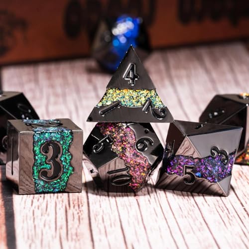 Galaxy Metal Dice Set, 7PCS Polyhedral DND Dice with Glitter Resin Inlay, Heavy Metal RPG Dice for Dungeons and Dragons Tabletop Games - color: Black Nickel Seven Colors