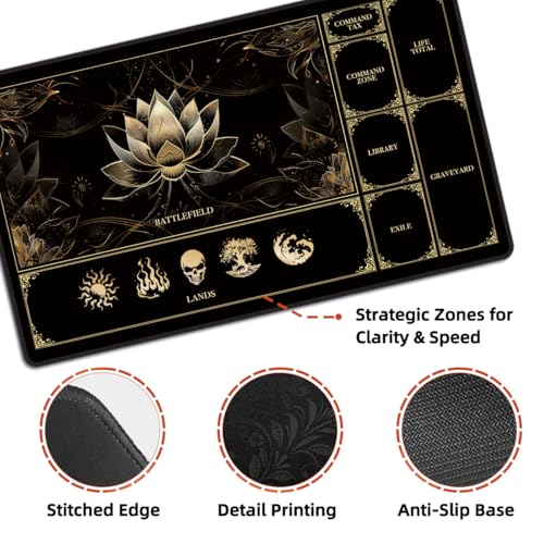 MTG Playmat with Play Zones – Magic Play mat Card Game Mat for Magic The Gathering, Lotus & Basic Lands Design, 24x14 inch, Stitched Edge, Non-Slip Base with Prismatic Playmat Tube-Gold Lotus - color: Zone 1-gold Lotus