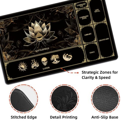 MTG Playmat with Play Zones – Magic Play mat Card Game Mat for Magic The Gathering, Lotus & Basic Lands Design, 24x14 inch, Stitched Edge, Non-Slip Base with Prismatic Playmat Tube-Gold Lotus - color: Zone 1-gold Lotus