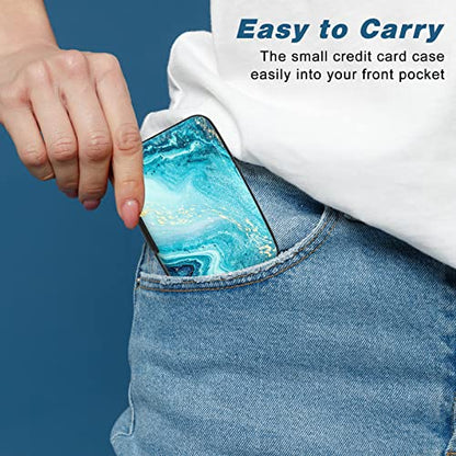 Credit Card Holder, Mini Aluminum Card Wallet RFID Blocking Slim Metal Hard Card Case for Women Men, Blue Ocean Marble - color: Blue Ocean Marble
