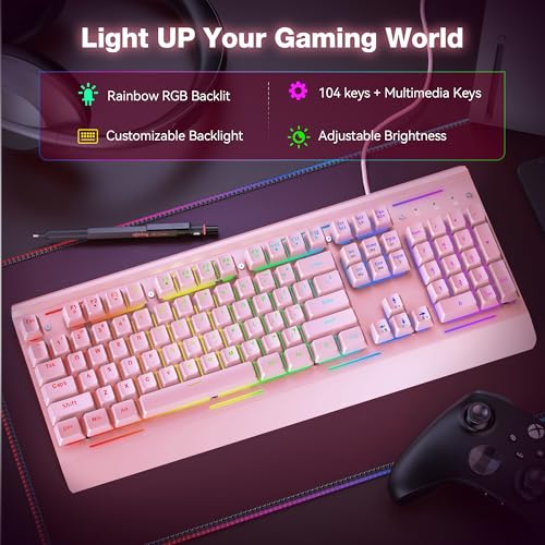 TECKNET Wired Gaming Keyboard, RGB Backlit Keyboard with Metal Panel Design | 15-Zone RGB Illumination, Whisper Quiet Design, IP32 Water Resistance, 25 Anti-ghosting Keys, Ergonomic Design - color: Pink