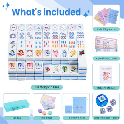 Blue American Mahjong Tile Set, 168 Premium Melamine Tiles | Gift-Ready Set with Storage Bag, Dice, Chips & Accessories for Family Game Nights, Parties, Travel and Vacations - color: Blue