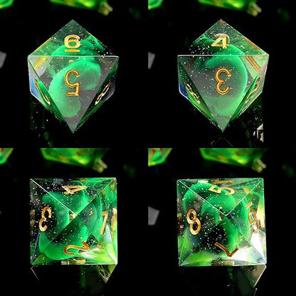 Haxtec Sharp Edge DND Dice Set, Glitter Resin Polyhedral RPG Dice | Green D&D Dice for Role Playing Games, Compatible with Dungeons and Dragons, Handmade 7-Die with Metal Case, TTRPG Gifts - color: Green Black Gold