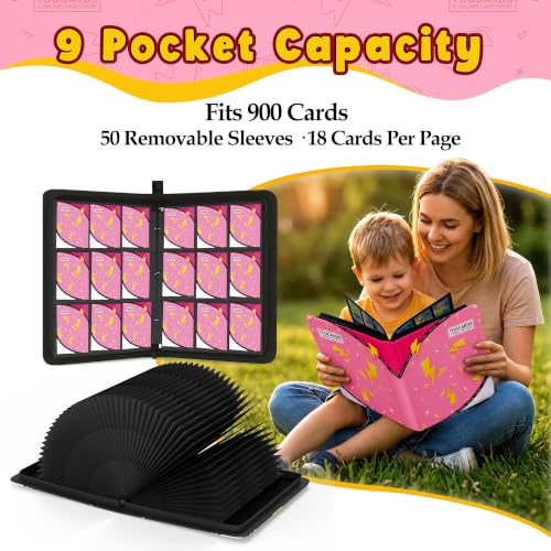 Card Binder for Pokemon Cards, 9 Pocket Trading Card Binder Holds 900 Cards with 50 Removable Sleeves, 3 Ring Zipper Card Holder Album Book Case for TCG, MTG, Sports Cards Collection, Boys Girls - color: Pink