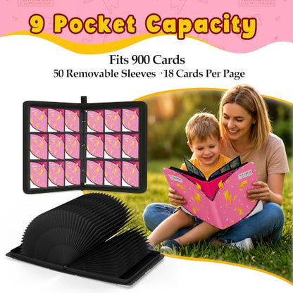 Card Binder for Pokemon Cards, 9 Pocket Trading Card Binder Holds 900 Cards with 50 Removable Sleeves, 3 Ring Zipper Card Holder Album Book Case for TCG, MTG, Sports Cards Collection, Boys Girls - color: Pink