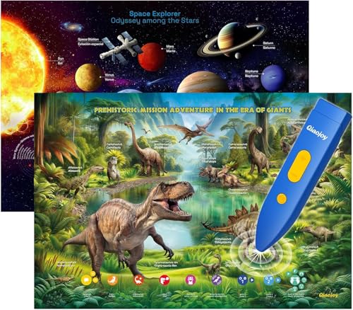 Bilingual Interactive for Kids Talking Dinosaur & Space Poster for Kids Learning and Educational Toys,Talking Educational Dinosaur Toy for Ages 3 to 12 Years Old,Space Theme Wall Decor for Preschool - style: Space & Dinosaur Poster