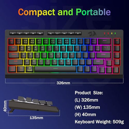 Redragon Wireless Gaming Keyboard, RGB Backlit, Portable 60% Design, Black | Bluetooth/2.4GHz/USB-C Wired, Mini Quiet Macro Membrane Keyboard, Rechargeable 4000mAh Battery, Anti-Ghosting for Win/MAC - color: Black