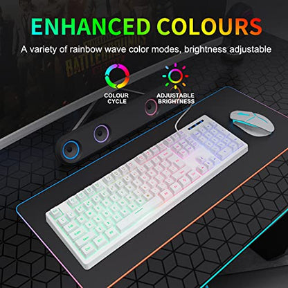 HUO JI White Gaming Keyboard USB Wired with Rainbow LED Backlit, Floating Keys, Mechanical Feeling, Spill Resistant, Ergonomic for Xbox, PS Series, Desktop, Computer, PC - color: White
