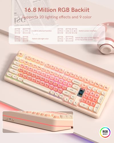 Keymatic Foundation Mechanical Keyboard,98% Pink Creamy Keyboard Gaming Keyboard,3 Mode with Multimedia Screen,RGB Backlit,Jelly MOA Profile keycaps for Win/Mac,Pink - color: Pink