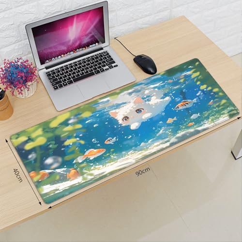 XXL Gaming Mouse Pad 35.4x15.7 inch, Cute Kawaii Cat Landscape Theme Desk Mat,Large Water Swimming Fish Scene Mousepad (Water Kawaii Cat) - color: Water Kawaii Cat