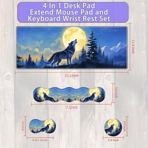 Large Gaming Mouse Pad Set with Wrist Support – 31.5" x 11.8" 4-in-1 XXL Mousepad with Keyboard Wrist Rest, Mouse Wrist Rest & Coaster – Ergonomic Desk Mat for Office, Home – Wolf Moon - color: Wolf Moon