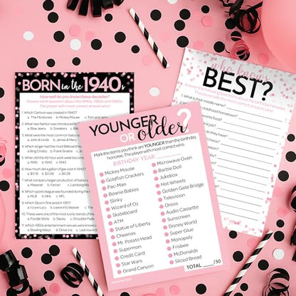 Pink and Black 80th Birthday Games Set, Born in the 1940s, 20 Guests | 5" x 7" Dual-Sided Cards, Who Knows Best, Older or Younger, and 1940s Trivia Games, Answer Keys Included - color: Pink