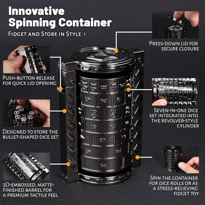 CZYY Rifle Bullet Dice Set, Metal 7 Polyhedral Dice Set for Tabletop Games | D4 to D20 & D%, Spinning Cylinder-Style Case, Cartridge Holder Belt, Gift for RPG Players & Collectors, Black - color: Black