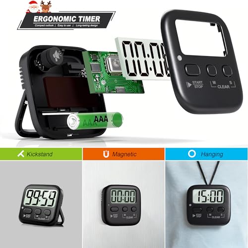 2 Pack Digital Timer for Kids Classroom Kitchen Timers for Cooking | w/ Battery, Easy to View, Alarm, Mute Mode, Count Down/Up, Magnetic, Kickstand, Hanging, Classroom Timer for Teacher Supplies - color: Rich Black *2
