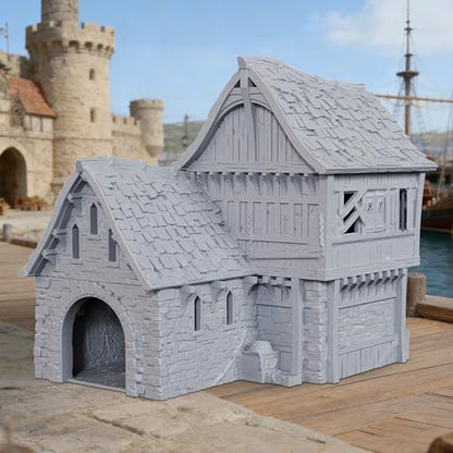 AUSPDICE DND Terrain 25mm 도크 빌딩, 도색되지 않은 TTRPG 워크샵 풍경 | 1:64 스케일 3피스 멀티 레벨 워크샵, 탈착식 섹션과 던전 앤 드래곤을 위한 디테일한 내부 - AF1154G - color: Af1154g Dock Buildings G