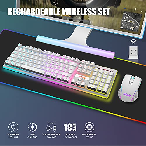 RedThunder K10 Wireless Gaming Keyboard and Mouse Combo, LED Backlit Rechargeable 3800mAh Battery, Mechanical Feel Anti-ghosting Keyboard + 7D 3200DPI Mice for PC Gamer (White) - color: White