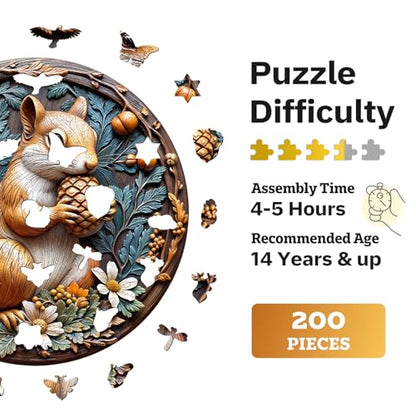 Jigfoxy Wooden Puzzles for Adults, Squirrel Wood Puzzles Adult, Unique Animal-Shaped Wooden Jigsaw Puzzles for Adults, Christmas Thanksgiving Gifts for Family and Friends (M-11.4 * 11.4in-200pcs) - size: Medium