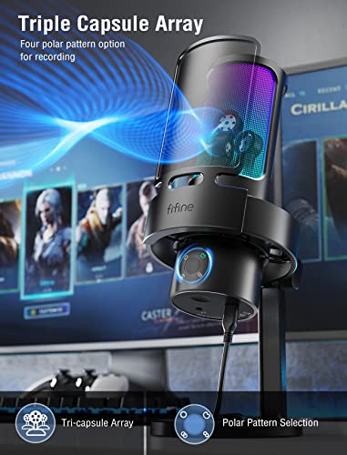FIFINE Gaming USB Microphone Bundle with Arm Stand, RGB Condenser Desktop Mic with 4 Polar Patterns for Streaming, Mic Boom Arm with Heavy Duty Clamp, Suspension Scissor for Voice-Over(A8Plus+CS1)