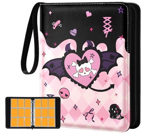 for 9 Pocket Trading Card Binder for 900 Cards - Cute Large Capacity Card Collection Album Folder with Zipper for Women Girls Teens Heart Skull Design for Sports, TCG, Game Cards