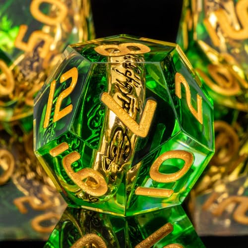 OUKELANWO Magic Lord Rings DND Dice Set with Box, 7Pcs Resin LOTR D&D Dice Set for Role Playing Game, Green Gold Dungeons Dragons D and D Sharp Edge Dice D20 D12 D10 D8 D6 D4 - color: Green