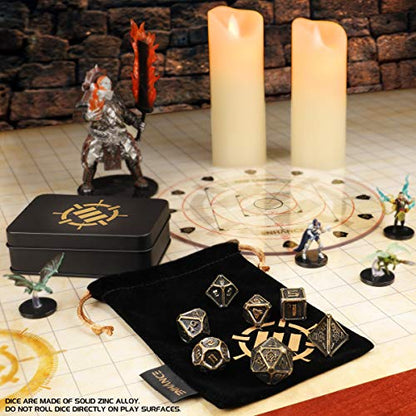 ENHANCE DND Metal Dice Set - 7pc Polyhedral Dice with Storage Case and Drawstring Bag - Solid Metal Set for Dungeons and Dragons, Pathfinder, More RPGs (Ancient Bronze) - color: Ancient Bronze