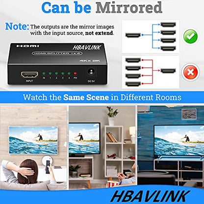 HDMI Splitter 1 in 4 Out 4K 4 Port HDMI Splitter Powered Video Splitter 4 Outputs w/HDMI Cord+ AC Adapter Duplicate/Mirror Screens for Fire Stick/Roku/DirecTV/Cable Box/Security Cameras - size: Splitter 1x4 4K@30Hz