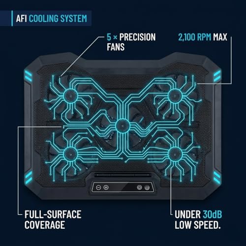 AFI Electronics Laptop Cooling Pad, 5 Quiet Fans Gaming Laptop Cooler for 11–17 Inch, RGB LED, LCD Display, 6 Fan Speeds, 8-Height Adjustable Stand, Dual USB Ports, Notebook Cooling Stand